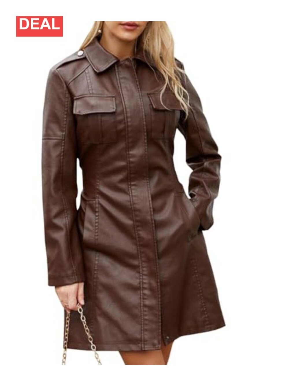 Women's Mid-Length Faux Leather Trench Coat Long Sleeve Zip Up with Belt